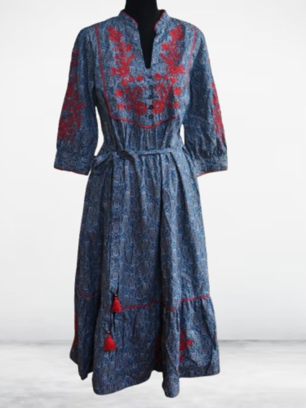 Eshakti Blue Peasant Embroidered in Red Cotton tiered Maxi Dress CUSTOM 10
